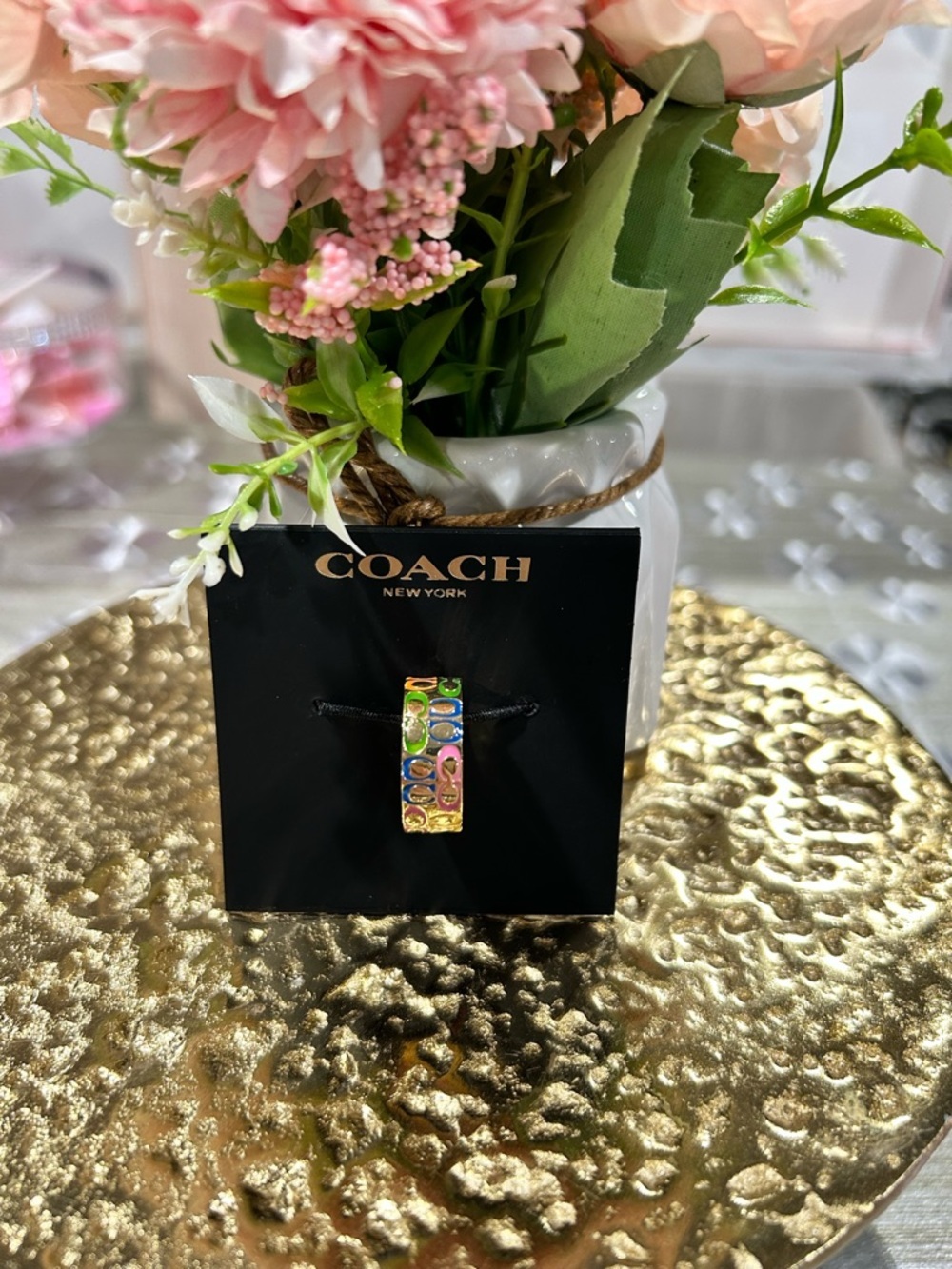 Coach Multicolor Enamel Signature Ring Gold Tone Wide Band 6.5”. NWT.